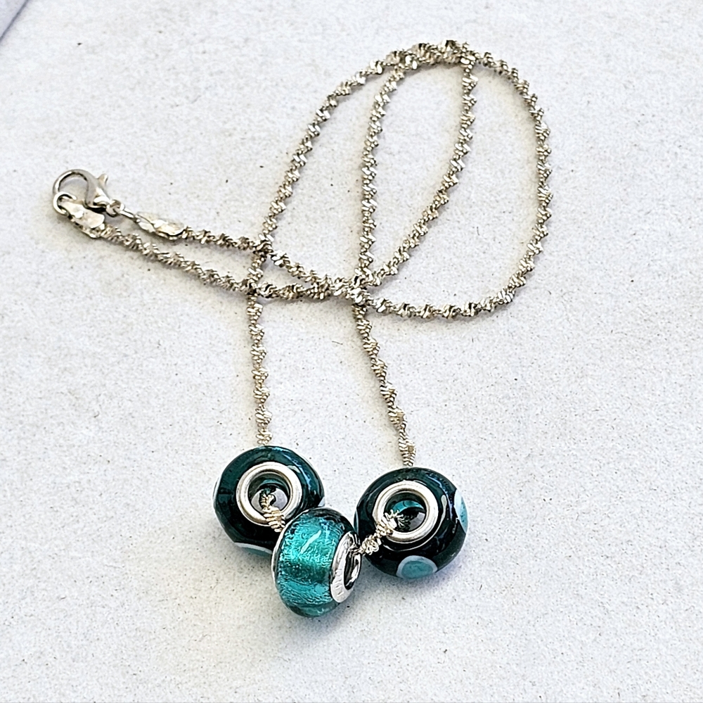 Murano Glass Teal Bead Twisted 925 Silver Necklace - Picture 3 of 12